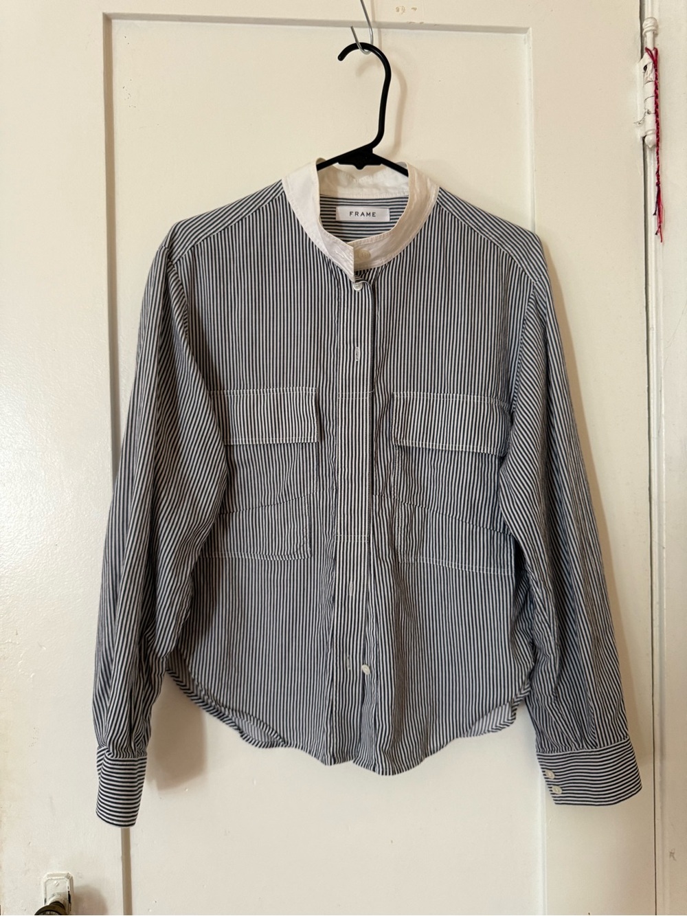 Frame Denim Black and White Pinstripe Band-Collar Shirt